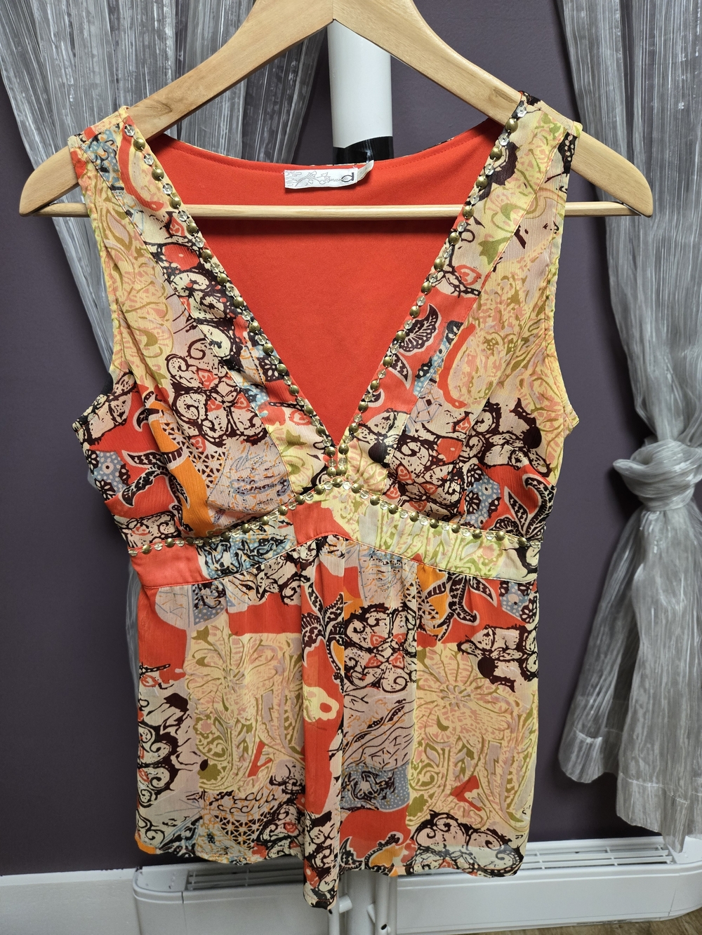 Dynamite Orange Multicolor Deep V-Beaded Tank